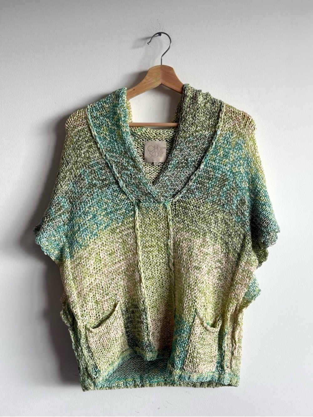 Chaser Green Knit Poncho Sweater Cowl Neck Boho Lightweight Slub Top